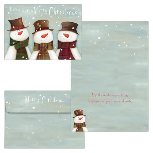 Snowman Trio Christmas Cards - 30 Count Holiday Greeting Set with Glitter Accents