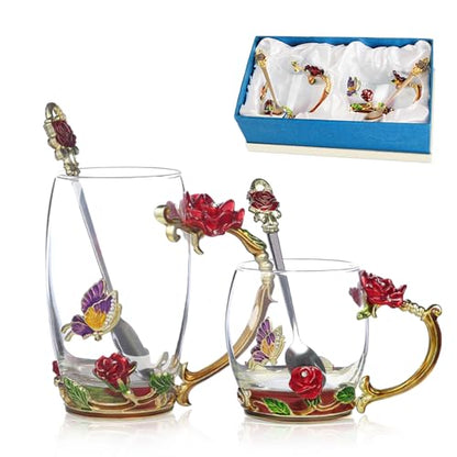 Glass Fancy Tea Cup Set with Rose Pattern and Spoon - Red Rose Variation
