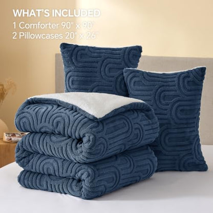 Arch Navy Sherpa Comforter Set Queen - Warm & Fluffy Bed Bedding