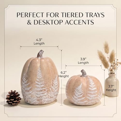Brown Resin Fall Pumpkins with Leaves Pattern - Rustic Home Decor, Set of 2