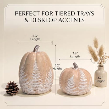 Brown Resin Fall Pumpkins with Leaves Pattern - Rustic Home Decor, Set of 2