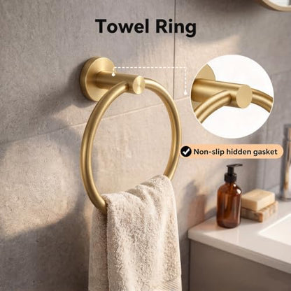 4-Piece Bathroom Towel Holder Set with Robe Hooks - Brushed Gold, Wall-Mounted
