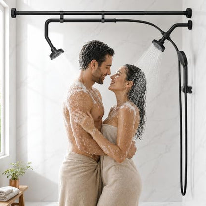 Black Tandem Shower Head for Two - Dual Shower System with Handheld No-Drill