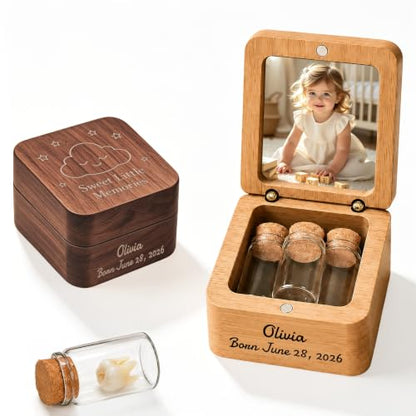 KDY Personalized Baby Keepsake Box - Custom Engraved Wooden Memory Box with Photo Display - Raw Walnut Wood