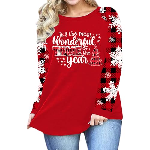 Plus Size Xmas Christmas Buffalo Plaid Tree Shirt Women Long Oversized Graphic Tee - 4X-Large Plus Red3