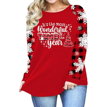 Plus Size Xmas Christmas Buffalo Plaid Tree Shirt Women Long Oversized Graphic Tee - 4X-Large Plus Red3