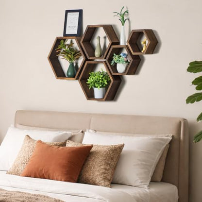 Hexagon Floating Shelves Set of 5 Honeycomb Wall Display Shelves Modern Rustic Decor