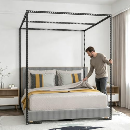 Black Metal Canopy Bed Frame Queen with Floor-Standing Four Poster Design - Luxurious Bedroom Decor
