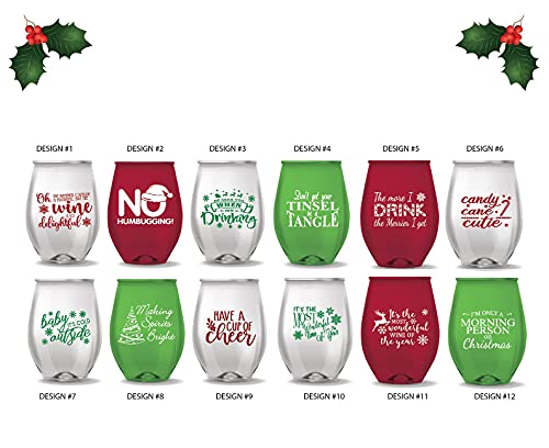 Christmas Themed Stemless Wine Glass Set of 12 - Unbreakable Funny Sayings - Holiday Party Drinkware