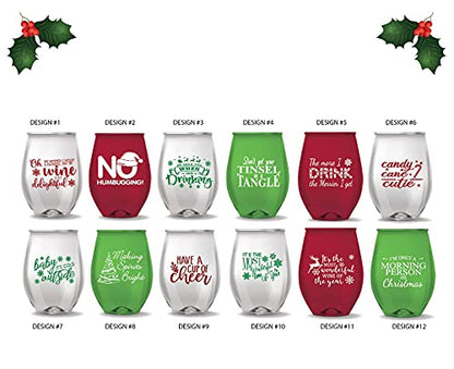 Christmas Themed Stemless Wine Glass Set of 12 - Unbreakable Funny Sayings - Holiday Party Drinkware