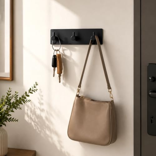 Adhesive Wall Mount Key Holder with 3 Hooks - No Drill, Rust-Resistant Stainless Steel Organizer