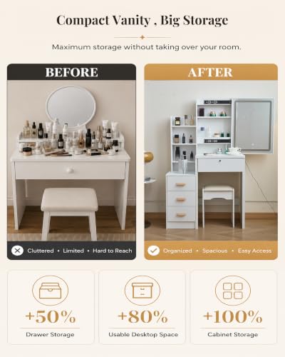 Breevia White Small Vanity Desk with Mirror & Lights, 31.5" Compact Dressing Table with Stool, 4 Drawers