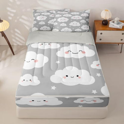 Twin Size Cloud Zipper Bedding Set with Comforter Fitted Sheet & Pillowcases - Grey Star Clouds Sky