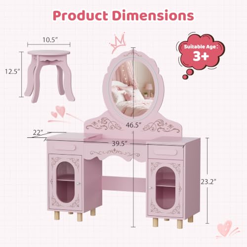 Kids Vanity Set with Large Lighted Mirror and Storage Cabinet - Princess Toddler Dressing Table & Stool