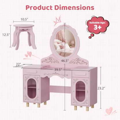 Kids Vanity Set with Large Lighted Mirror and Storage Cabinet - Princess Toddler Dressing Table & Stool