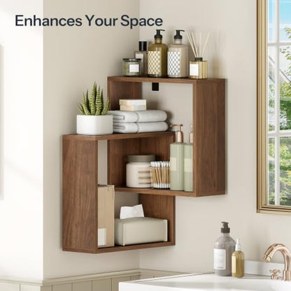 Wall-Mounted Corner Floating Shelves 4-Tier for Wall, Walnut Finish
