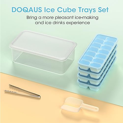 DOQAUS Ice Cube Tray with Lid and Bin, 4 Pack Silicone Plastic Ice Cube Trays for Freezer with Ice Box, Ice Trays with Ice Container, Stackable Ice Tray with Storage Ice Bucket,Ice Tong,Ice Scoop