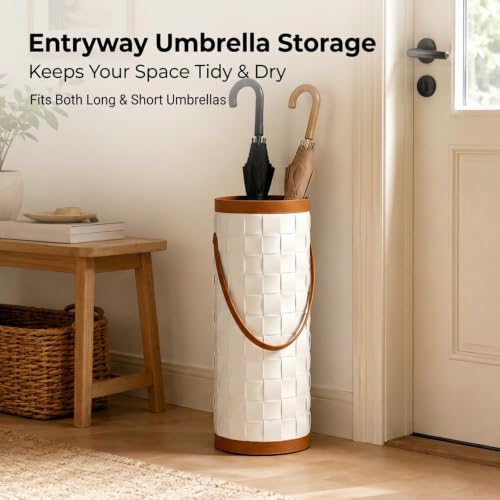 Large Capacity Leather Umbrella Basket Holder with Handle - White 20x53cm