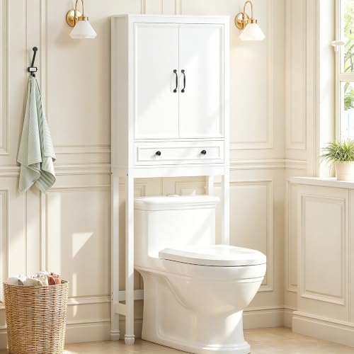 Over The Toilet Storage Cabinet with Doors and Tilt-Out Cube - White