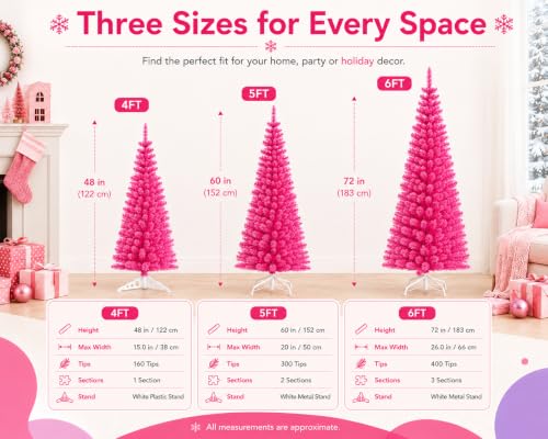 Pink Unlit 5FT Artificial Pencil Christmas Tree for Small Spaces - Variation of Pink/5ft
