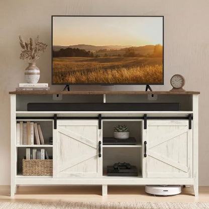 VASAGLE Farmhouse TV Stand for 65 Inch TV, Rustic White & Honey Brown