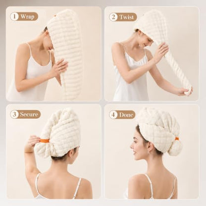Microfiber Hair Drying Towel 2Pack Large Size with Elastic Band - Beige & Gray