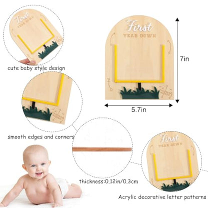 First Year Down Football Footprint Keepsake - Wooden Baby Milestone Gift - Variation Wood1