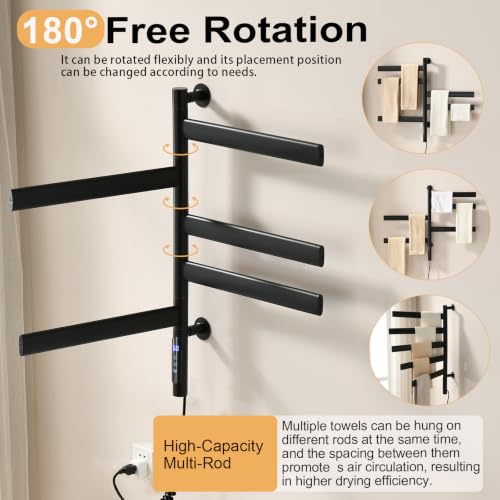Electric Bathroom Towel Warmer Rack Wall Mounted 5 Bars Black - VASOYO