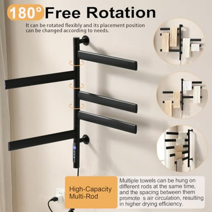 Electric Bathroom Towel Warmer Rack Wall Mounted 5 Bars Black - VASOYO