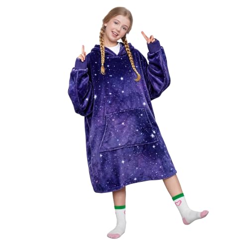 Kids Oversized Hoodie Blanket - Galaxy Dark Fleece Wearable Blanket for Kids