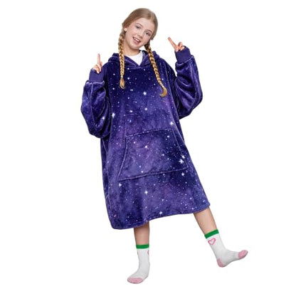 Kids Oversized Hoodie Blanket - Galaxy Dark Fleece Wearable Blanket for Kids