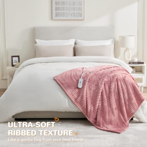 Pink Ribbed Electric Heated Throw Blanket - Soft Flannel with 5 Heat Levels, Gift for Women - Variation 01