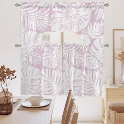 Pink Palm Leaves Swag Curtain Set 3 Pieces with Cherry Blossom Pink Variation