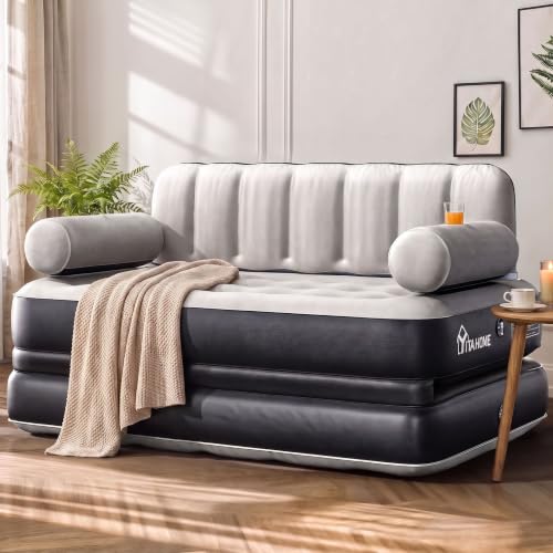 Queen Size Air Sofa Bed Mattress with Headboard & Pump - Black, Portable & Inflatable