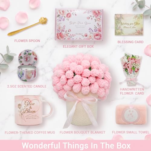 Pink Flower Blanket Gift Set for Women - Self Care Basket with Mug Candle Towel