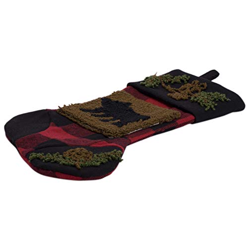 Rug Hooked Bear Christmas Stocking with Plaid Top - Holiday Decor, 18.9 Inch