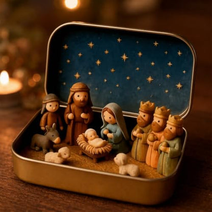 Multicolor Mini Nativity Set in Tin Box Handcrafted Religious Figurines Christmas Decor