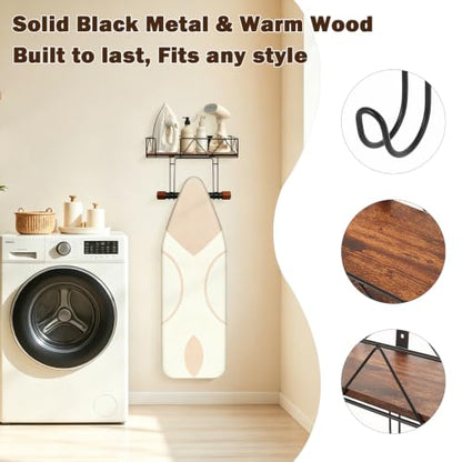 Wall Mounted Ironing Board Hanger with Wood Shelf and Hooks - Metal Laundry Storage Rack