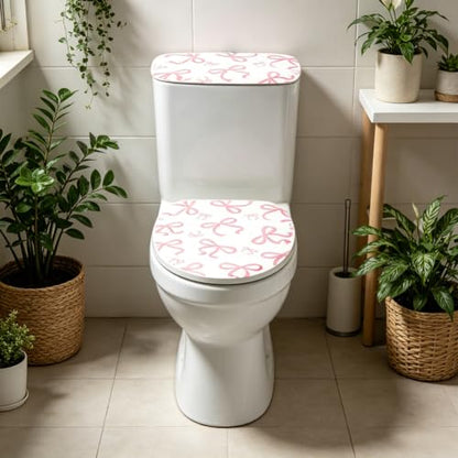 Pink Bow Toilet Lid Cover and Tank Cover Set - Stretch Fabric Bathroom Decor - Fits Round, Elongated & Oblong Toilets - 2 Pieces