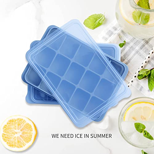 Ice Cube Trays Set of 2, Easy Release 15 Flexible Silicone Ice Cube Molds with Removable Lid Reusable Freezer Ice Trays Stackable for Whiskey, Baby Food, BPA Free (BLUE)