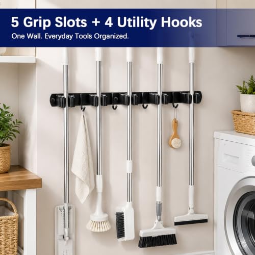 Stainless Steel Wall Mount Broom and Mop Holder with Hooks