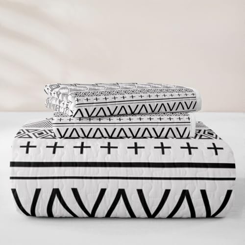 White Black Boho Geometric Quilt Set Twin with Pillowcase - Modern Bedding