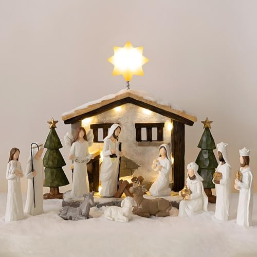 Indoor Nativity Scene Set with 15 Figures and Light-Up Christmas Decor