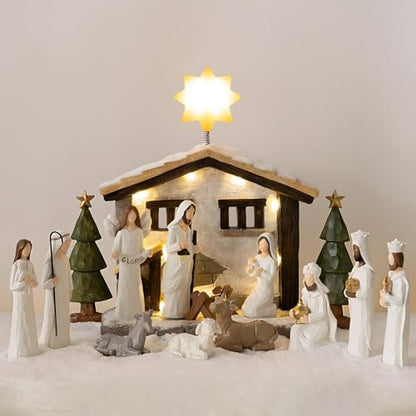 Indoor Nativity Scene Set with 15 Figures and Light-Up Christmas Decor