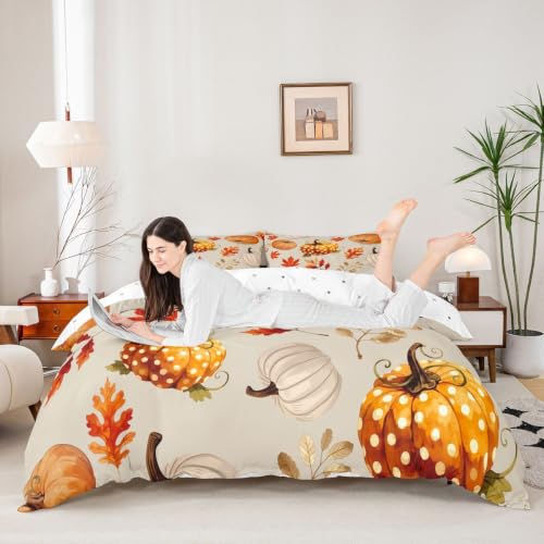 Manfei Watercolor Dot Pumpkin Twin Duvet Cover Set for Kids Boys Girls Beige Orange