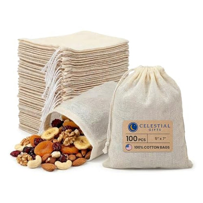 Reusable Muslin Drawstring Bags 100pcs - Natural 5x7 Inches
