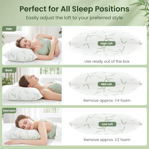 Queen Size Cooling Shredded Memory Foam Pillows Set of 2 - Adjustable Support with Washable Cover
