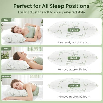 Queen Size Cooling Shredded Memory Foam Pillows Set of 2 - Adjustable Support with Washable Cover