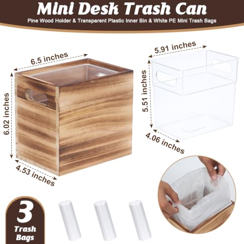 Wooden Mini Desk Trash Can with Bags - Pine Wood Waste Bin 0.5 Gal / 2L, Split Design