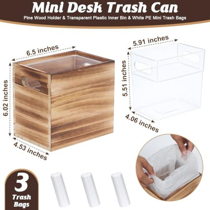 Wooden Mini Desk Trash Can with Bags - Pine Wood Waste Bin 0.5 Gal / 2L, Split Design
